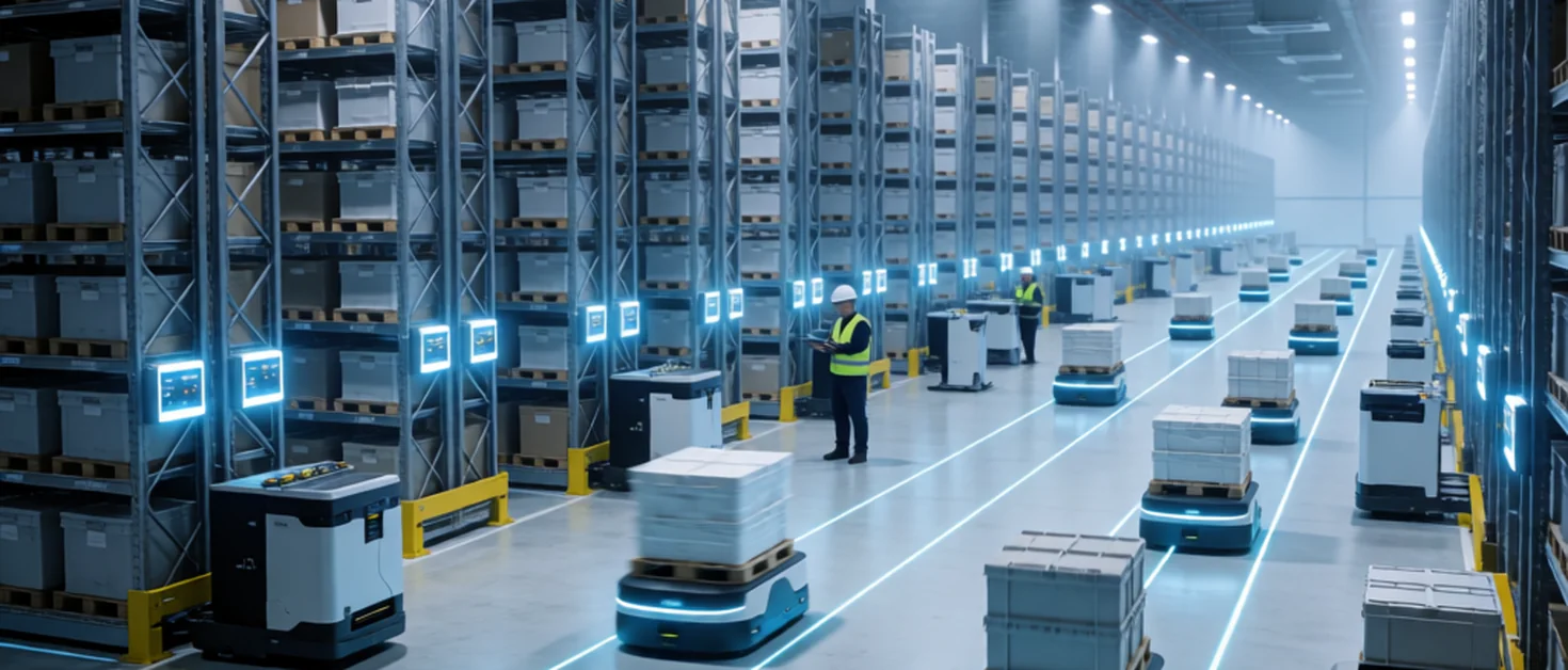 Akıllı depo — yüksek raf koridorları arasında paletleri taşıyan AMR/AGV otonom mobil robot filosu, zeminde ışıyan cyan kılavuz hatları boyunca kesintisiz akış, raflarda parlayan ekranlar ve güvenlik yelekli operatörler, koyu mavi tonlu endüstriyel sinematografi