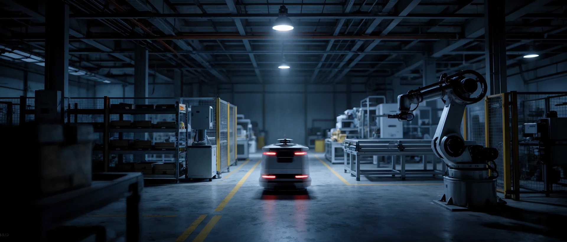 Akıllı fabrika içi — AGV ve robot sistemleri, koyu mavi tonlu atmosferik endüstriyel aydınlatma