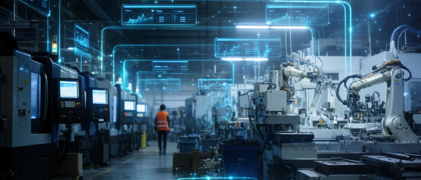 Dijital Fabrika Mimarisi — CNC tezgahları ve robotik hücreleri birbirine bağlayan ışıyan veri akışı hatları, ekipman üstünde havada duran holografik dashboard katmanları ve dijital ikiz görselleştirmesi, koyu mavi tonlu endüstriyel sinematografi
