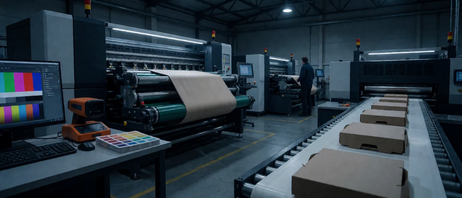 Hybrid Software ambalaj prepress otomasyonu — large format dijital baskı makinesi, renk kalibrasyon istasyonu ve conveyor üzerinde paketleme akışı, dark blue grade industrial cinematography