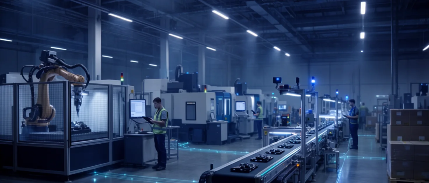 Kullanım alanları — geniş modern akıllı fabrika holünde aynı karede birden fazla üretim bölgesi: CNC işleme, robotik montaj, otomatik konveyör hattı ve kalite kontrol; operatörler ve ışıyan cyan bağlantı hatları, koyu mavi tonlu endüstriyel sinematografi