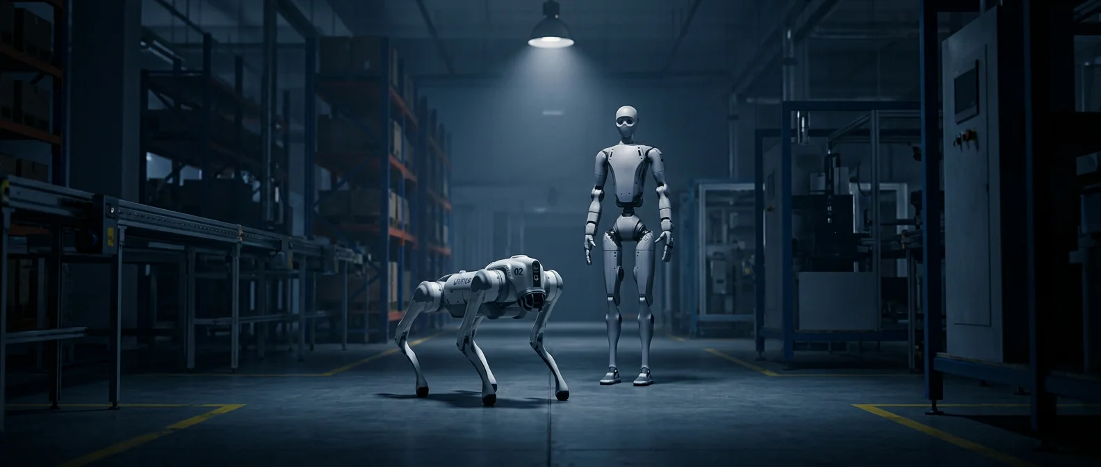 Unitree Robotik saha konuşlandırma — Go2 quadruped ve H1 humanoid robotlar endüstriyel ortamda birlikte, dark blue grade industrial cinematography